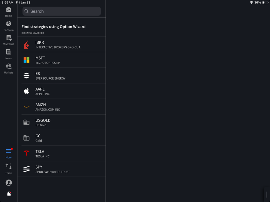 The option wizard search intrument page on the iPad